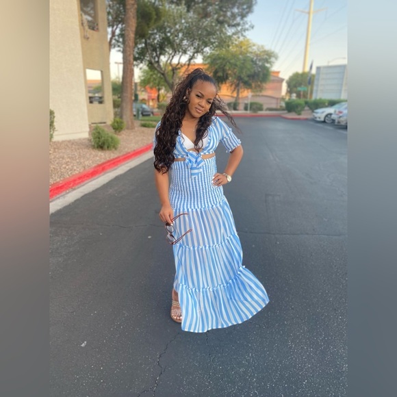 Blue striped two piece cover up with maxi high waisted skirt - Picture 3 of 6